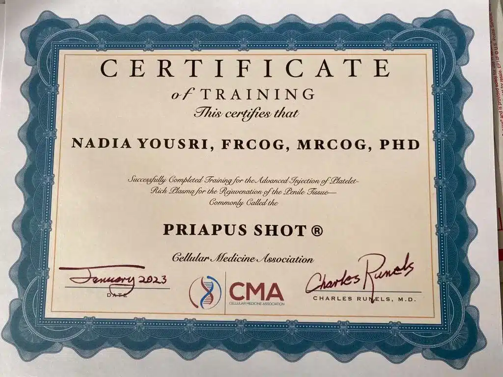 Dr Nadia Yousri's P-Shot certificate.