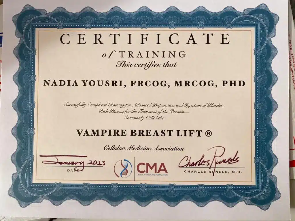 Vampire Breast Lift Certificate for Dr Nadia Yousri