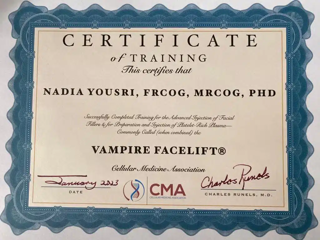 Vampire Facelift Dr Nadia Yousri certificate from Charles Runels