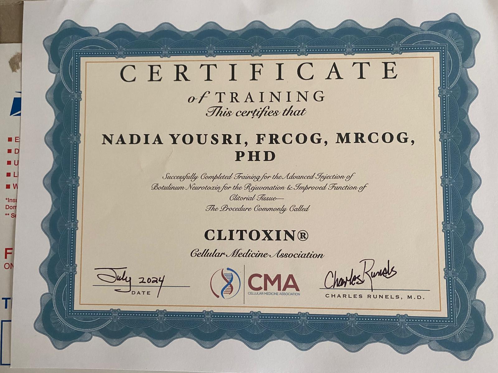 dr nadia yousri clitoxin certificate