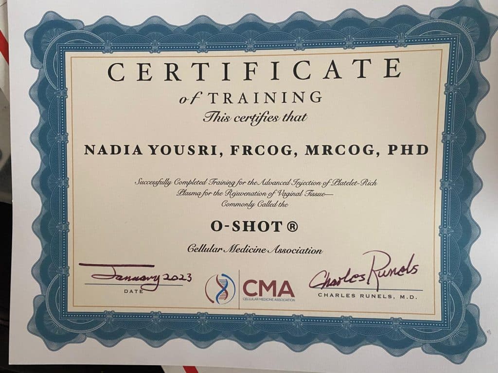 dr nadia yousri o shot certificate