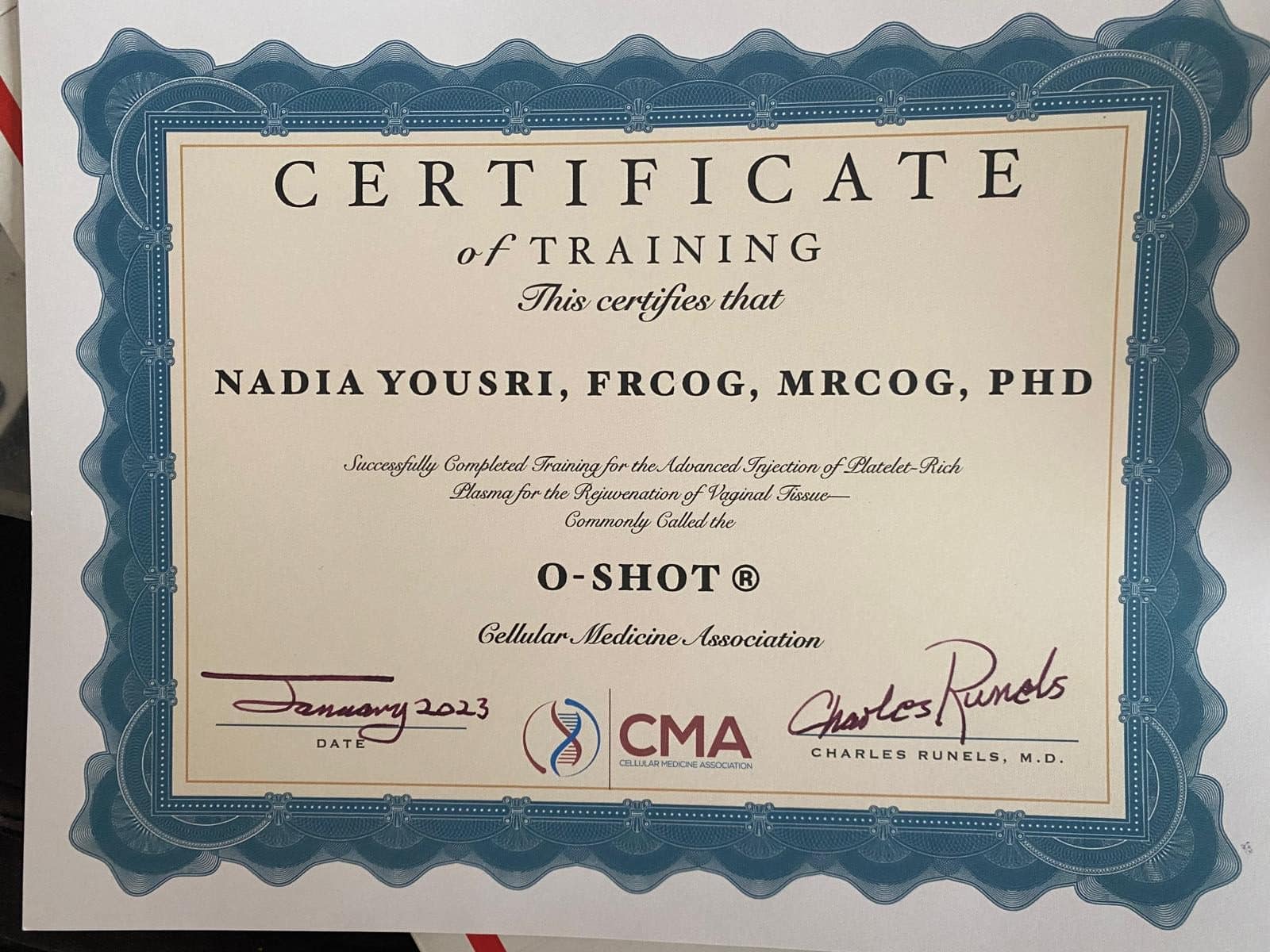 dr nadia yousri o shot certificate